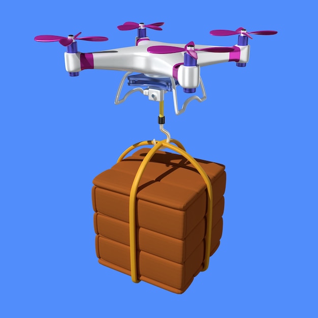 Een drone met een paars handvat en een paarse rand hangt aan een lift.