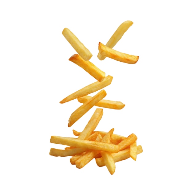 Een dynamische opname van knapperige frietjes die vallen en verspreiden Transparante achtergrond