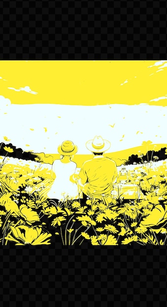PSD een echtpaar in een veld van bloemen met een man in een geel shirt en een vrouw in een gele hoed die naar t kijkt