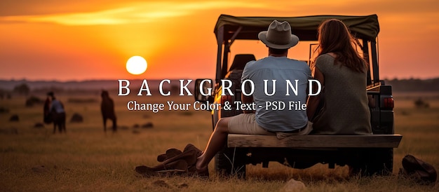 Een echtpaar op een safari zit wild in de achtergrond zonsondergang