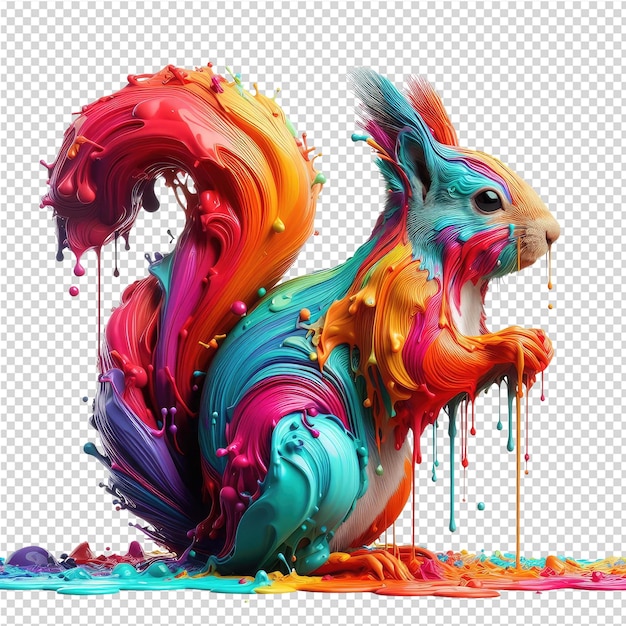PSD een eekhoorn met een regenboogkleurige staart is bedekt met gekleurde en gekleurde vloeistof