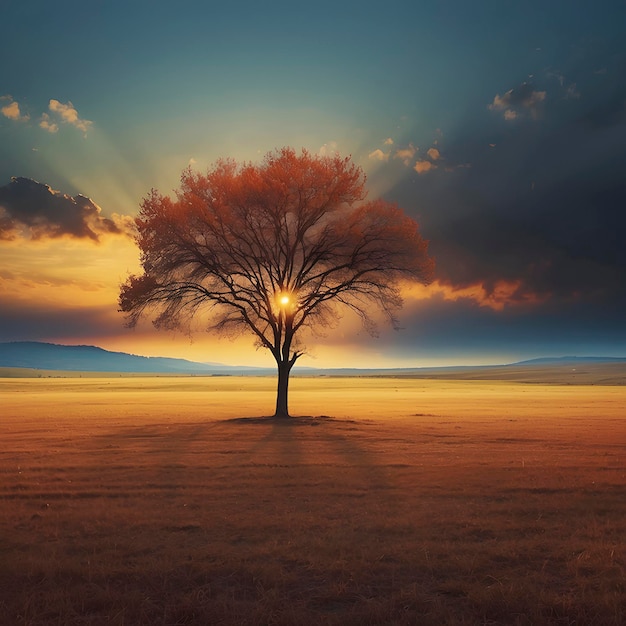 PSD een eenzame boom in de zonsondergang