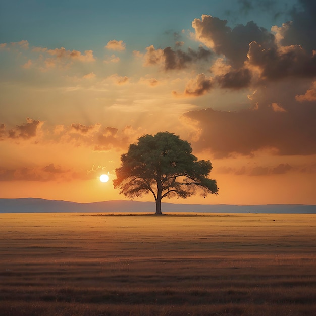 PSD een eenzame boom in de zonsondergang