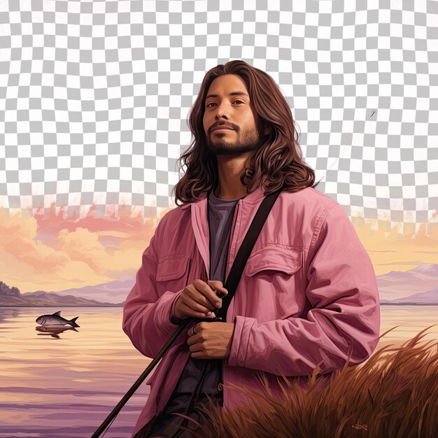 PSD een eenzame volwassen man met lang haar van de west-aziatische etnische afkomst gekleed in vissen bij het meer kleding poseert in een eyes downcast met een glimlach stijl tegen een pastel mauve achtergrond