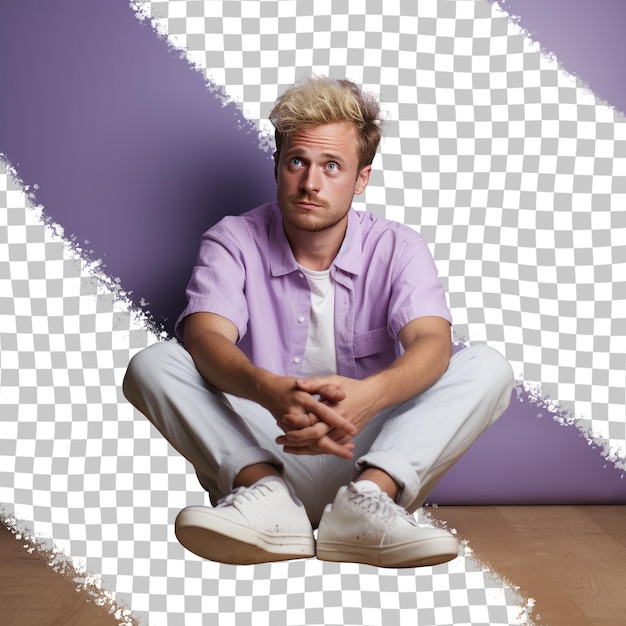 Een empathische volwassen man met blond haar van afrikaanse afkomst gekleed in blogger-kleding poseert in een sitting cross legged on the floor-stijl tegen een pastel periwinkle-achtergrond