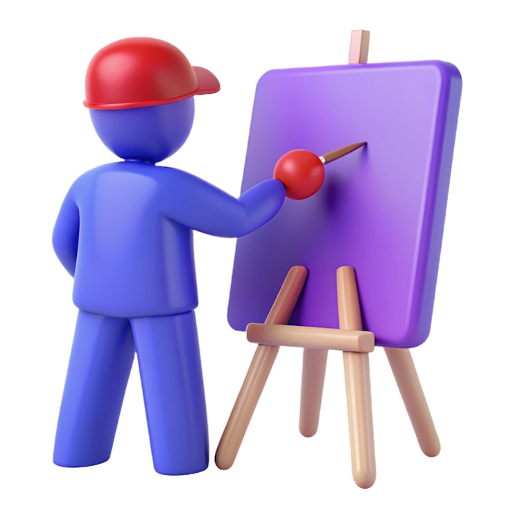 PSD een figuur met een rode hoed is naast een easel