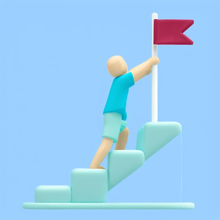 PSD een figuur op een trap met een rode vlag erop