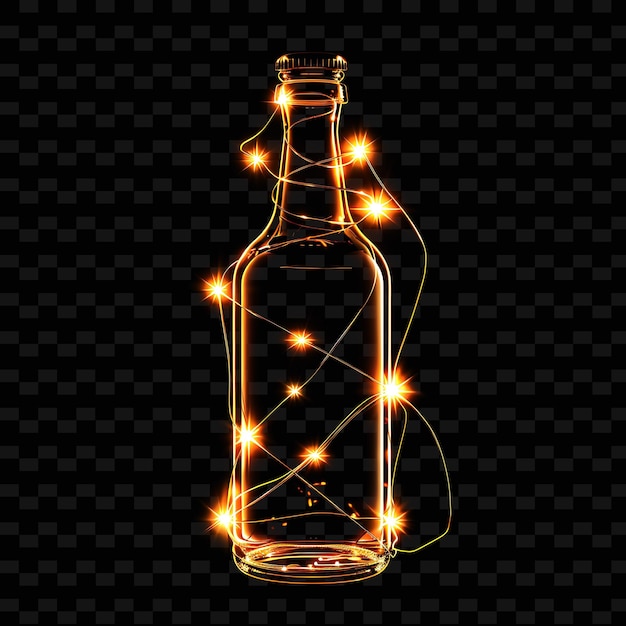 Een fles alcohol met lichten op een zwarte achtergrond