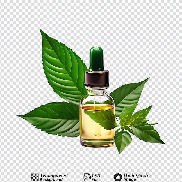 PSD een fles essentiële olie met een groen blad ernaast geïsoleerd op een doorzichtige achtergrond