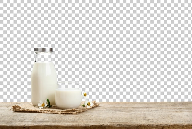 Een fles melk en een glas melk op een houten tafel met een doorzichtige achtergrond png voedzame en gezonde zuivelproducten