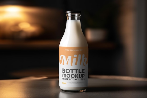 Een fles melk staat op een tafel voor een onscherpe achtergrond.