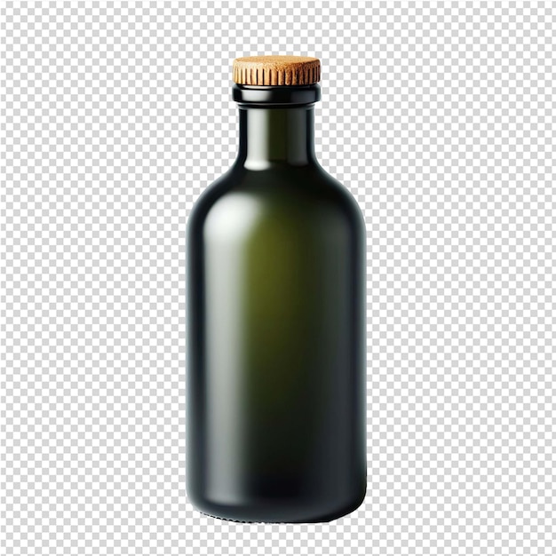 Een fles zwarte olijfolie zit op een doorzichtige achtergrond