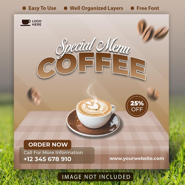 een flyer speciaal menu koffie met afbeelding erop