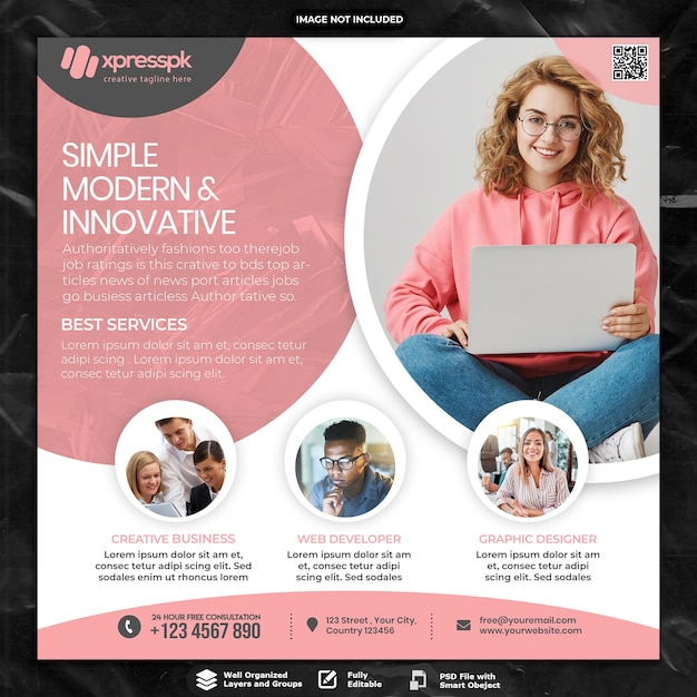 Een flyer voor een bedrijf genaamd simpel modern & innovatief.