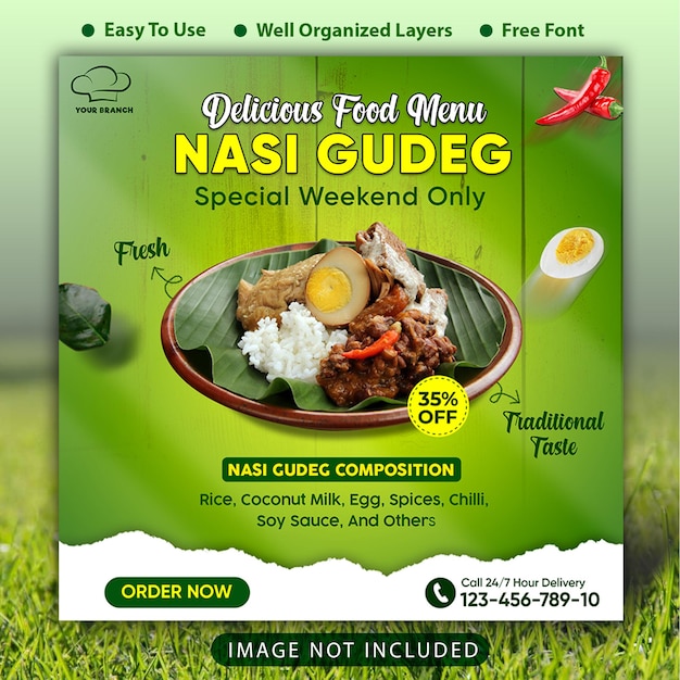 Een flyer voor promo food menu speciaal indonesisch eten die 'nasi gudeg' noemde