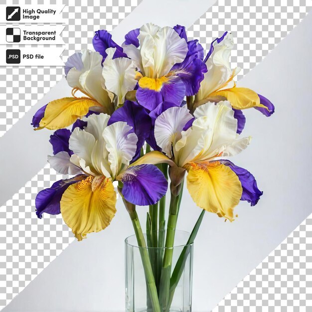 PSD een foto van bloemen in een heldere vaas met een foto van een paarse en witte iris