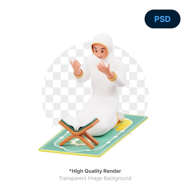 Een foto van een biddende vrouw in een witte outfit met het onderschrift "high quality render" op het scherm.