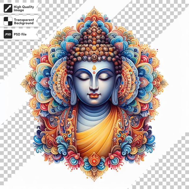 PSD een foto van een boeddha met een blauwe en oranje bloem erop