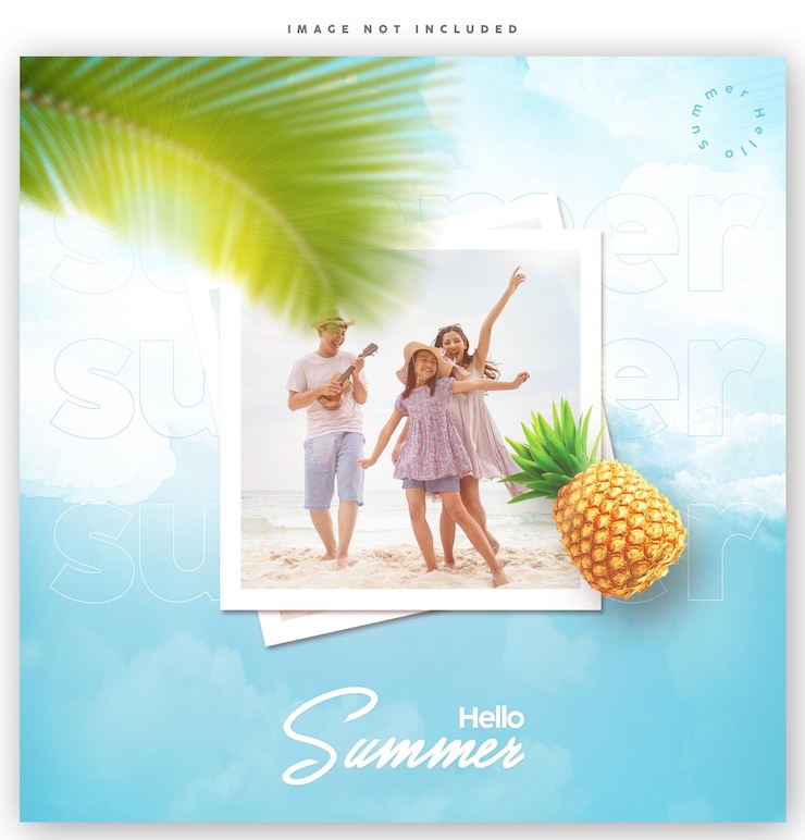 PSD een foto van een man en vrouw op een strand met het woord hallo zomer erop