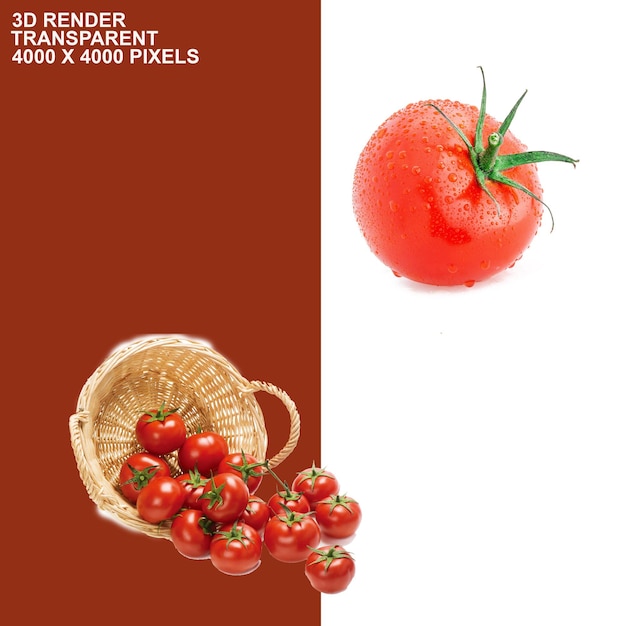 een foto van een tomat met een mandje tomaten in de onderste rechterhoek