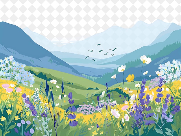 een foto van een veld van bloemen met vogels die in de achtergrond vliegen