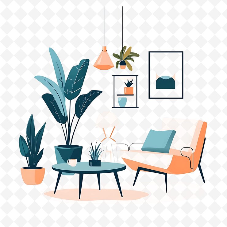 PSD een foto van een woonkamer met een bank en een tafel met een plant erop