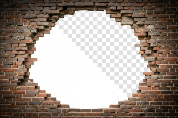 PSD een gat in een verweerde bakstenen muur met doorzichtigheid