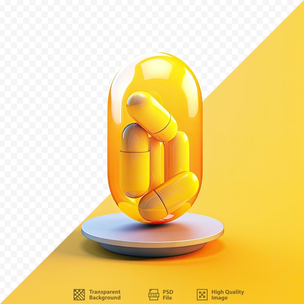 PSD een geel flesje pillen staat op een wit voetstuk.