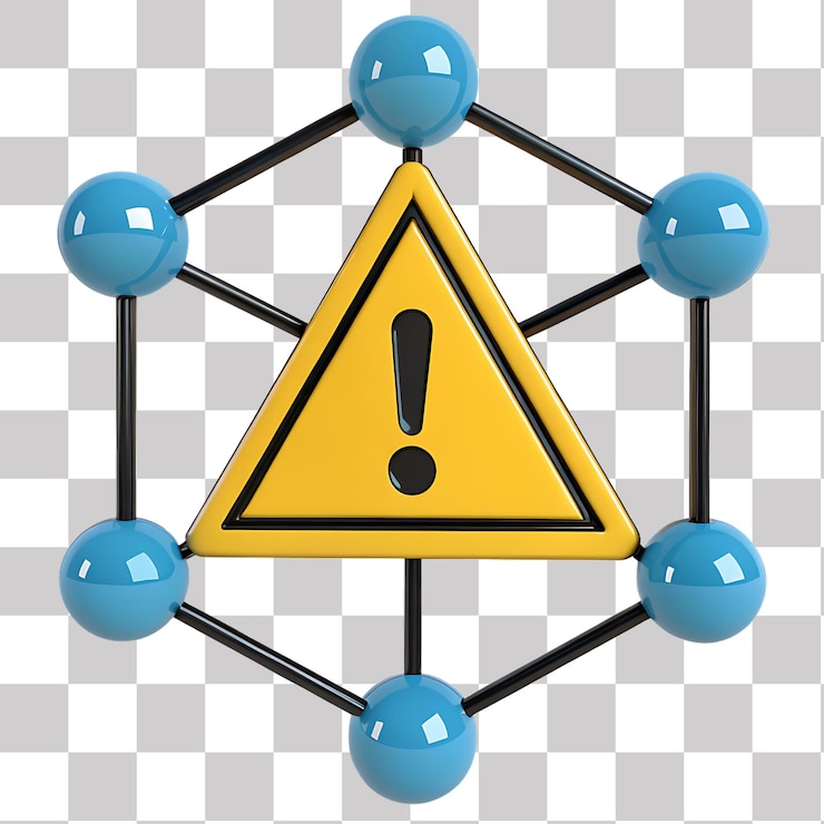 PSD een geel waarschuwingsbord met een uitroepteken gecentreerd in een moleculaire structuur van bollen
