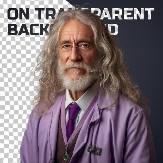 Een geïnspireerde senior man met lang haar van de scandinavische etniciteit gekleed in endocrinoloog kleding poseert in een close up of lips stijl tegen een pastel lavender achtergrond