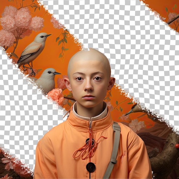 Een geïntrigeerd kind met kaal haar van de oost-aziatische etnische afkomst gekleed in vogels kijken in de natuur kleding poseert in een looking over the shoulder stijl tegen een pastel tangerine achtergrond