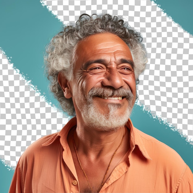 Een geïsoleerde oudere man met krullend haar van de midden-oosterse etniciteit gekleed in agrarische kleding poseert in een gekanteld hoofd met een glimlachende stijl tegen een pastel hemelblauwe achtergrond