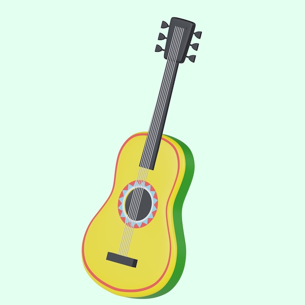 Een gele gitaar met een rode snaar aan de voorkant