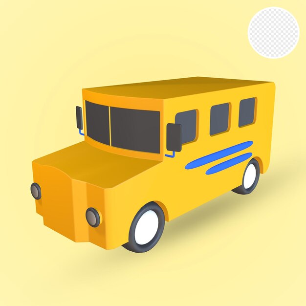 Een gele schoolbus met blauwe strepen en een blauwe streep.