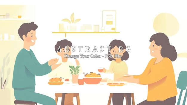 Een gelukkig gezin van vier zit aan een tafel samen te eten ze glimlachen en genieten van elkaars gezelschap