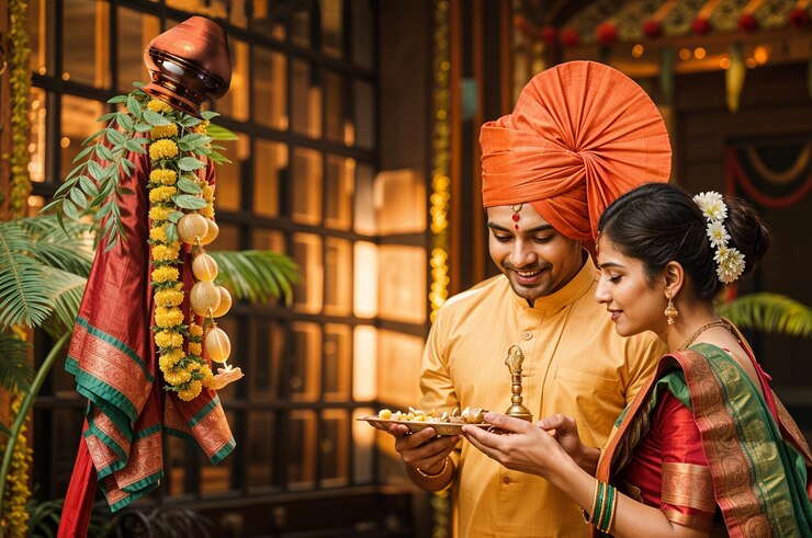 PSD een gelukkig indiase echtpaar viert gudi padwa gudi padva festival poster