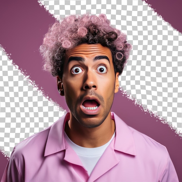 PSD een geschokte volwassen man met kinky haar van de spaanse etniciteit gekleed in verpleegster kleding poseert in een zachte hand op wang stijl tegen een pastel mauve achtergrond