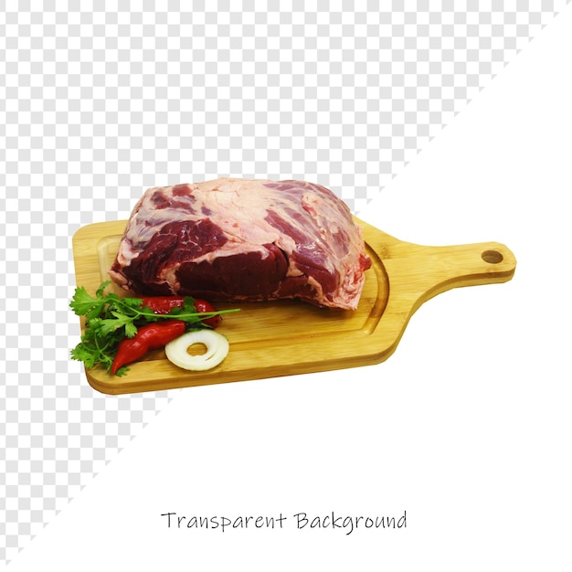 een gesneden stuk vlees staat op een snijplank met een afbeelding van een vlees