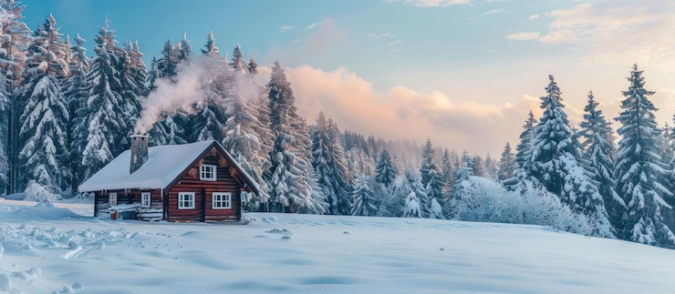PSD een gezellige hut in een besneeuwd bos met rook uit de schoorsteen.