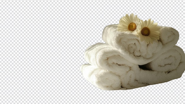 Een gezellige opstelling van zachte, pluizige baddoeken die comfortabel op een bed liggen voor een ontspannende thuisatmosfeer en een uitnodigende spa-achtige ervaring