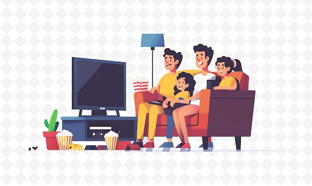 een gezin zit op een bank en kijkt naar een tv
