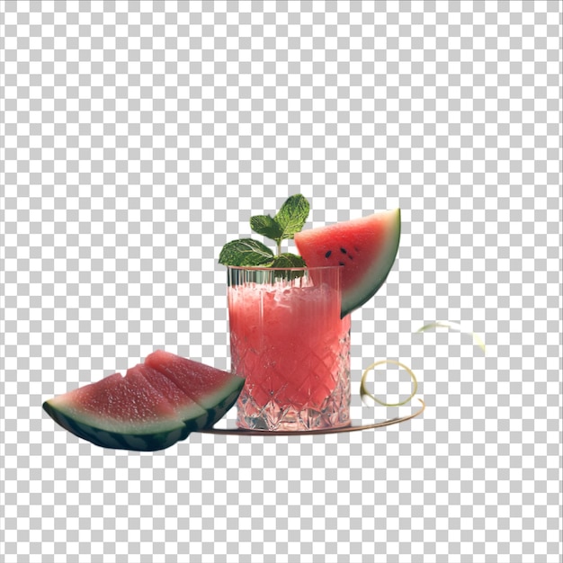 een glas aardbeien sap met watermeloen en watermeloensnijden op een doorzichtige achtergrond