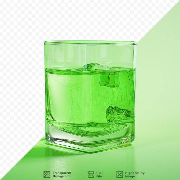 Een glas groene vloeistof met een groene vloeistof erin.