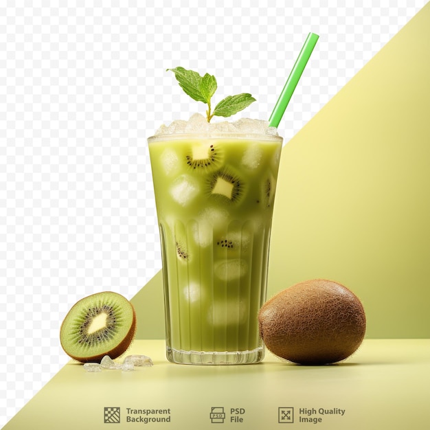 Een glas ijstee met een kiwi en een kiwi fruit.