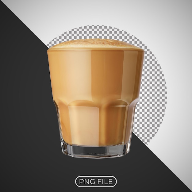 een glas sinaasappel drank met een sticker koffie erin