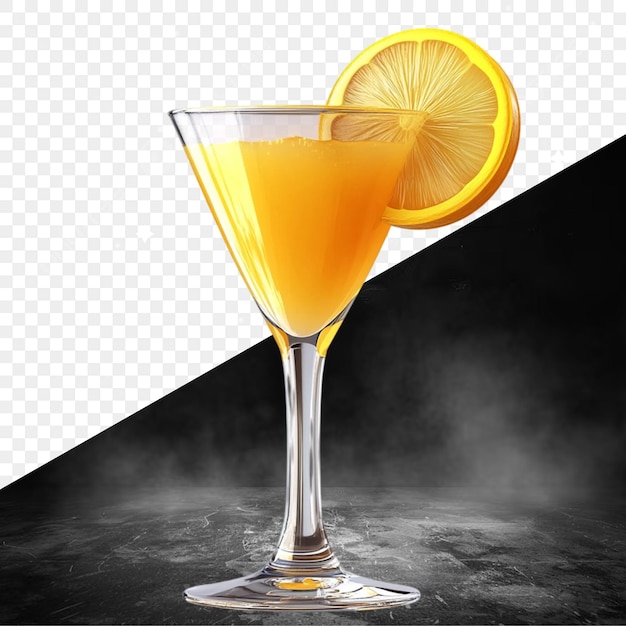 een glas sinaasappelsap met een plakje citroen erop
