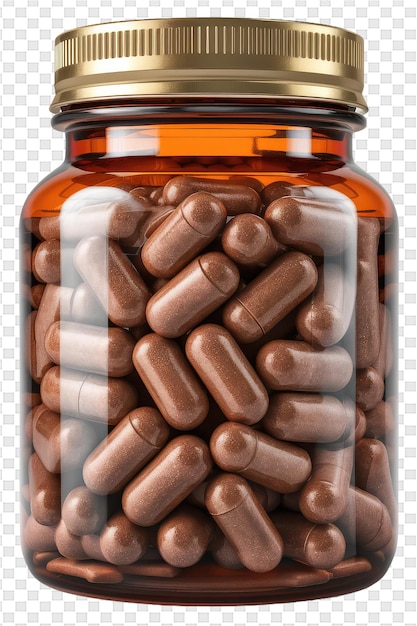 Een glazen pot met bruine pillen erin