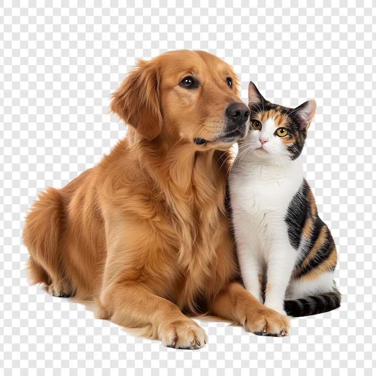 PSD een golden retriever en een calico kat samen