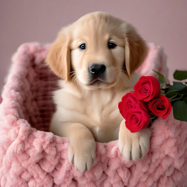 PSD een golden retriever puppy met rode rozen