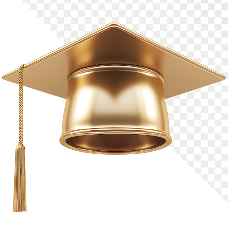 PSD een gouden graduatie pet hangt van een plafond met een gouden tassel die ervan hangt